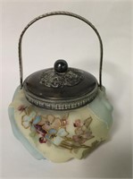 Decorated Satin Glass & Silver Plate Jar