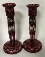 Pair Of Ruby Cut To Clear Glass Candle Sticks