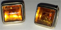 Pair Of Sterling Silver And Amber Cuff Links