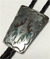 Turquoise & Coral Inlaid Sterling Silver Bolo Tie