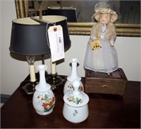 Lot, assorted items on chest: brass lamp,