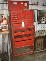 RED TOOL CABINET, ROLLING TABLE, & MISC ITEMS.