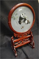 Panda Silk Painting in Rosewood Frame