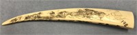Scrimshawed ivory tusk with 2 hunting scenes by Gi