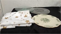 decorative glass platters and star tablecloth