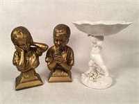 Cherub Pedestal Dish and Boy & Girl Bookends