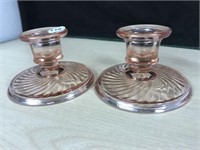 2 Pink Glass Candleholders