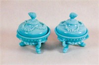 Two Opal Blue Milk Glass Covered Dishes