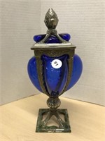 Cobalt Bubble Glass And Metal Lidded Urn