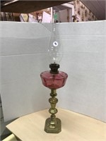 Cranberry & Clear Glass With Brass Base Oil Lamp