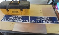 Craftsman tool box w/tools and 3 metal signs.