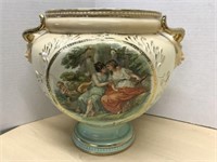Planter With Vintage Scene On Sides - Has Crazing