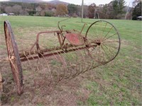 Antique Hay Rack with Metal Wheels and Seat