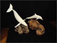 2 Vintage White Dolphin on Driftwood Burl Wood by