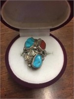 NATIVE TURQUOISE AND CORAL SIGNED RING