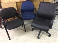 Three Office Chairs, One Rolls with Broken Arm