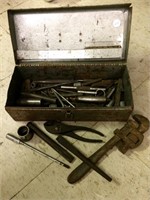 Small Tool Box of Tools, Pliers, Pipe Wrench