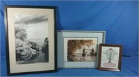 3 Framed pictures including one cross stitch