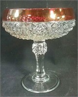 Glass candy dish pedestal with cranberry trim