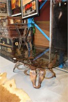 2 x abstract copper based glass top tables -