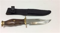 LARGE WOOD AND BRASS BOWIE KNIFE AND SHEATH