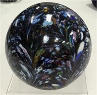 Signed Black Floral Art Paperweight