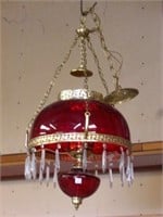 Vintage Ruby Glass Hanging Light Fixture w/Crystal
