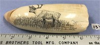 6" whales tooth scrimshawed with a caribou by Mere