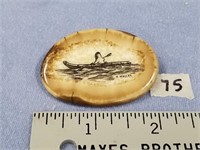 2" Fossilized walrus ivory scrimshawed pin by Wilb