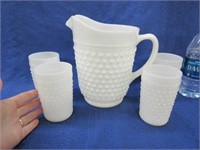 white hobnail pitcher & 4 glasses