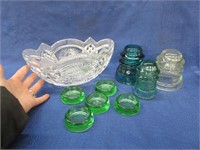3 antique glass insulators -green glass casters -