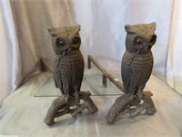Large Cast Iron Owl Andirons w/Glass Eyes