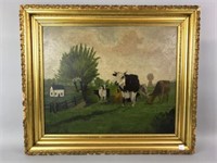 Oil on Academy Board, Painting of Cows