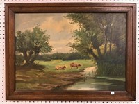 J. Johnske Oil on Canvas, 2 cows by river