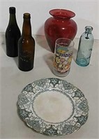 Box of bottles, vase, cup, and plate