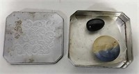 Tin container w/Stoneware Rattle & Wooden Egg