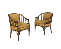 Pair Faux Bamboo and Tortoise Arm Chairs