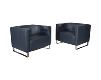 Pair Blue Leather Club Chairs
