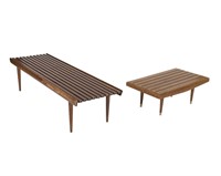 Two Walnut Slatted Benches