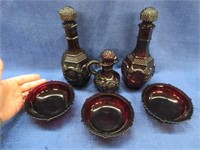 ruby cape cod lot (2 decanters-cruet-3 bowls)