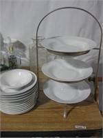15 pieces of white dinnerware & Plate stand for 3