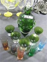 Olive Green Thumbprint Decanter and 5 glasses & 5