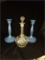 Pair of blue candleholders and decanter  decanter