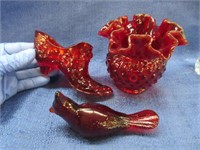 3 nice red fenton glass pieces (bird-vase-shoe)