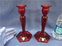 pair of fenton red candlesticks - 8.5in tall