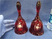 2 nice red fenton signed glass bells - 6.5in tall