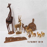 Carved wood animals giraffes, gazelle, camels
