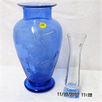 Cobalt blue 10.5" decorated vase and blue glass