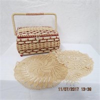 Sewing basket including contents and doilies
