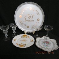 50th Anniversary tray, champagne glasses, 2 plates